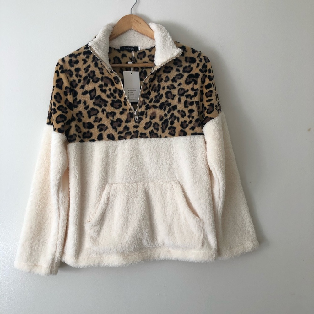 Suvimuga Teddy Color-block Leopard  Pullover Top - Picture 2 of 8
